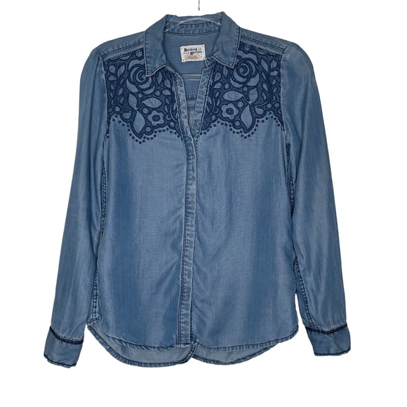 HOLDING HORSES Tops - HOLDING HORSES Blue Denim Button-Down Shirt with Embroidered Yoke